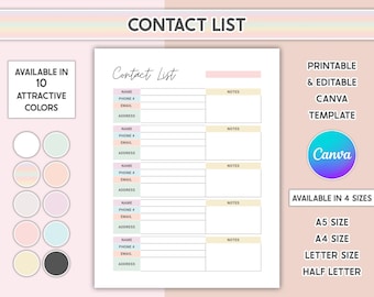 In Canva bewerkbare lijst met contactpersonen Naam en nummer familie Afdrukbaar adresboek Contactinformatieformulier