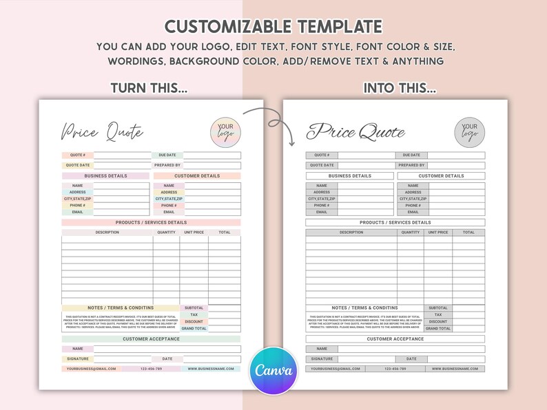 Editable Quote Template Price Quotation Template for Small Business ...