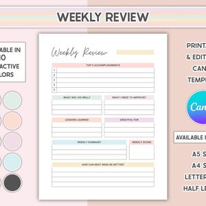 May include: A printable and editable Canva template for weekly review. The design includes sections for accomplishments, areas for improvement, lessons learned, and a weekly summary. Available in 4 sizes and 10 attractive colors.