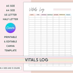 Vitals Log Printable Vital Logs Vital Signs Template Vitals Signs Nursing Vitals Sheet Vital Sign Chart Blood Pressure Log Vitals Tracker BP