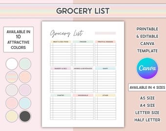 Editable Grocery List Printable Food Shopping List Template Inventory Checklist Pantry Tracker Groceries Planner