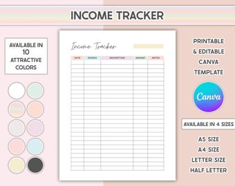 Editable Income Tracker Printable Finance Budget Planner Insert Template Income Sheet Expense Log Minimalist