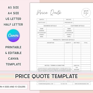 Price Quote Template Editable Quotation Template Quote Form For Small Business Invoice Order Form Price Quotation Template Job Estimate Form