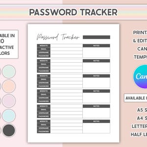 Bewerkbare Canva-sjabloon voor wachtwoordtracker Met wachtwoord georganiseerd Afdrukbaar Kleurrijk formulier Pass Word-logboek Aanpasbaar