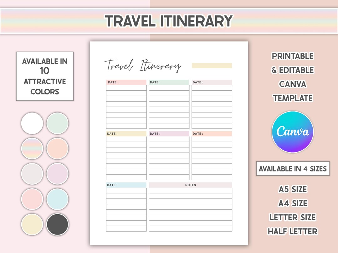 Editable Travel Itinerary Template Minimalist Vacation Planner ...