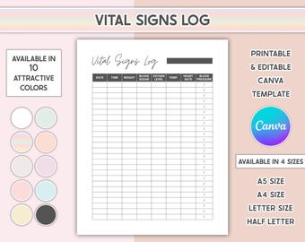 Editable Vital Signs Log Sheet Vitals Log Printable Caregiver Tracker Blood Pressure Nursing Chart