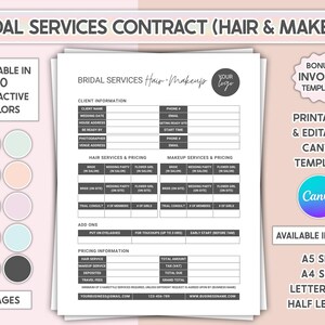 Bridal Hair & Makeup Contract Template Canva Editable Bridal Services Agreement Printable Client Consent Form