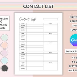 Canva Editable Contact List Name And Number Family Printable Address Book Contact Information Form