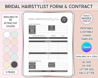 Bridal Hairstylist Contract Template Editable Canva Bridal Hair Agreement Form Printable Hairstyling Service Invoice
