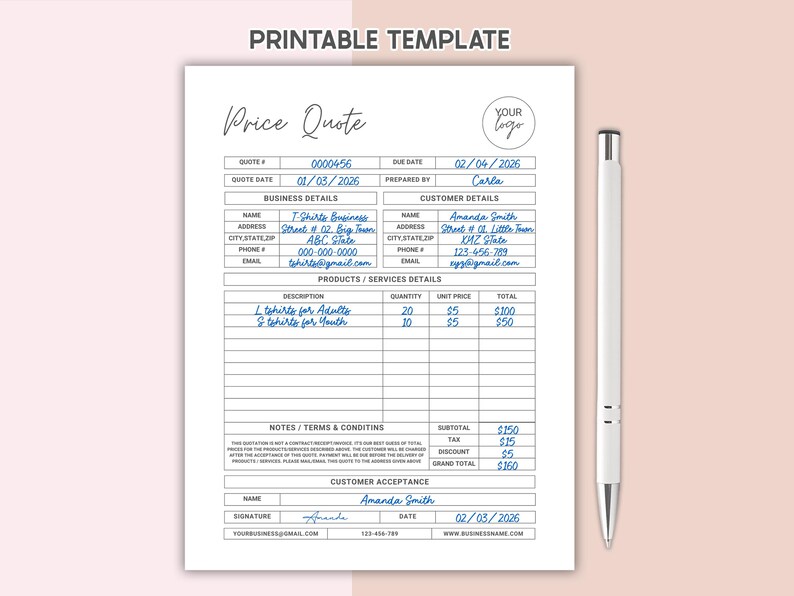 Editable Quote Template Price Quotation Template for Small Business ...