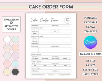 Modello di modulo d'ordine per torte Canva, modello di panetteria modificabile, moduli per piccole imprese, design di fatture stampabili