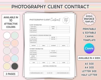 Editable Photography Client Contract PDF Canva Wedding Photography Agreement Form Photographer Event Template Printable
