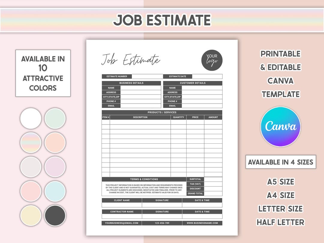 Canva Editable Job Estimate Template Printable Proposal Contractor ...