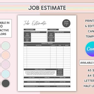 Canva Editable Job Estimate Template Printable Proposal Contractor Estimate Sheet Small Business Quote Form