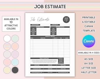 Plantilla de presupuesto de trabajo editable de Canva, hoja de presupuesto imprimible para contratistas, formulario de cotización para pequeñas empresas