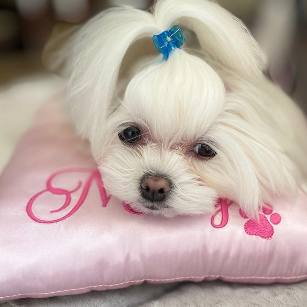Satin Top Knot Pillow-Grooming Pillow-With Paw Print Embroidery-Personalized