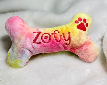 Tie Dye Dog Toy-Personalized Dog Bone with Paw Print Embroidery-Squeaker or Crinkle