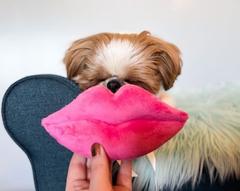 May include: A small brown and white dog with its head peeking out from behind a large pink plush toy shaped like a pair of lips.