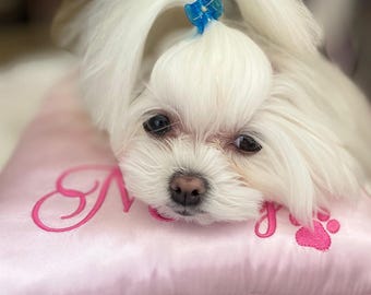 Satin Top Knot Pillow-Grooming Pillow-With Paw Print Embroidery-Personalized