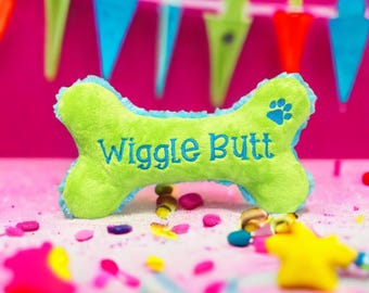 Wiggle Butt Bone Dog Toy: Embroidered Plush Squeaky Crinkle Minky