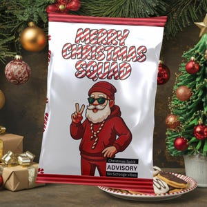 May include: A white bag with a red and white striped top, featuring the text "MERRY CHRISTMAS SQUAD". The bag has an illustration of Santa Claus wearing sunglasses and a red outfit, giving a peace sign. The bag also has the text "Christmas Spirit ADVISORY No Scrooge vibes".