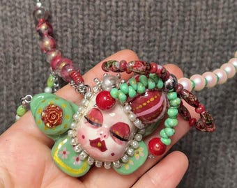 Handmade Pink Circus Doll Choker, Faux Leather Collar with Creepy Cute Face Pendant, Bow & Bear Dangles, Lolita Alt Jewelry Gift