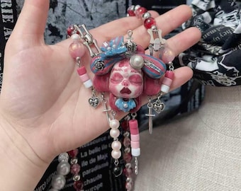 Pink Gothic Necklace, Handmade Art Doll Statement Necklace, Dark Fantasy Jewelry