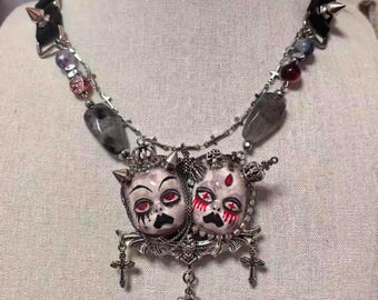 Gothic Twin Doll Choker, Punk Spiked Collar Necklace, Handmade Fantasy Statement Jewelry