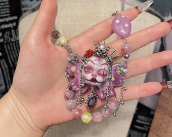 Gothic Purple Doll Pendant Necklace, Handmade Fantasy Art Statement Jewelry,Christmas Gift
