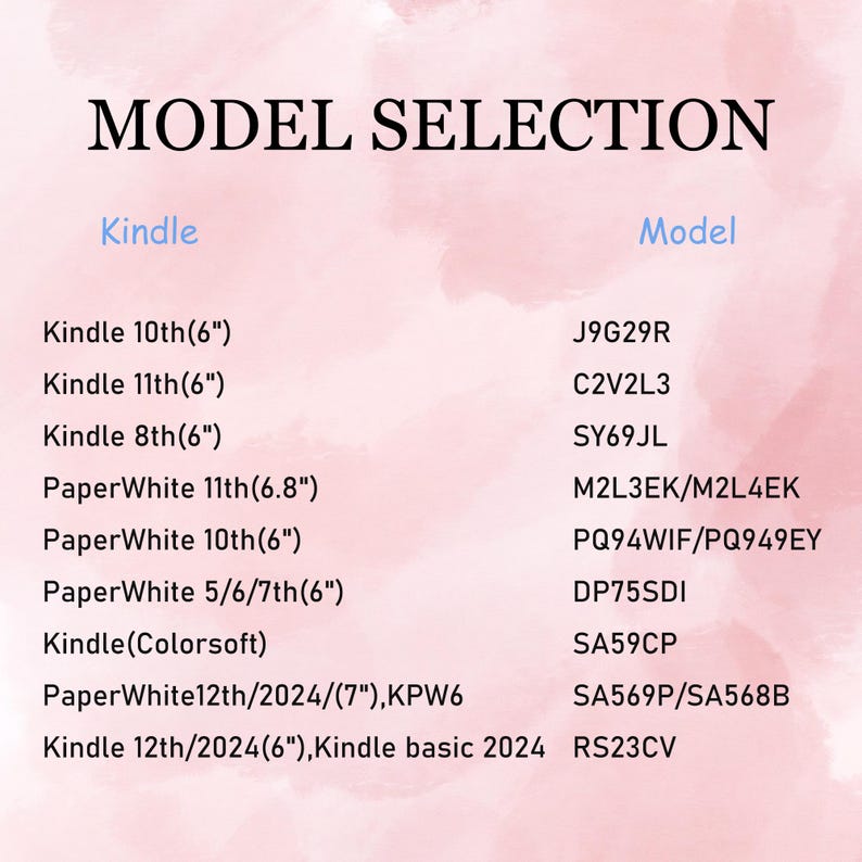 May include: A product selection guide with the title "MODEL SELECTION". The guide lists various Kindle models, including Kindle 10th (6"), PaperWhite 11th (6.8"), and Kindle 12th/2024 (6"). Each model has a corresponding model number.