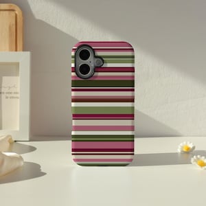 May include: A smartphone case with a striped pattern in shades of pink, green, and beige. The case has a camera cutout and is on a white surface. The design features horizontal stripes.