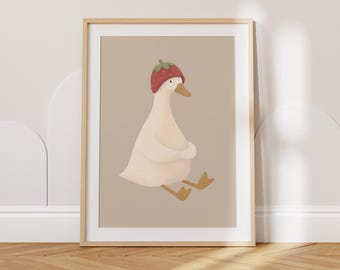 Goose with Strawberry Hat Wall Art – Cute Animal Nursery Poster for Kids’ Room Decor, Baby Gift, Whimsical Nursery Prints