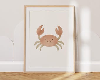 Cute Crab Nursery Digital Wall Art Print, Ocean Animal Poster for Beach Kids Room, Coastal Baby Decor, Sea Creature Print for Nurseries