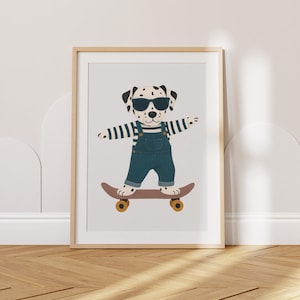 Skateboarding Dalmatian Wall Art, Retro Kids Room Print, Nursery Decor, Boys Room Animal Illustration, Vintage Style Art, Digital Download