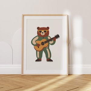 Retro Guitar Bear Print, Cool Animal Wall Art for Kids Room, Musical Nursery Decor, Boys Room Poster, Whimsical Playroom Art, Digital Decor