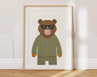 Bubblegum Bear With Sunglasses Printable Wall Art, Retro Kids Room Decor