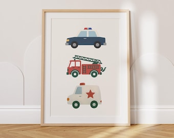 Kinderen noodvoertuigen kunst aan de muur afdrukbare, politie auto brandweerwagen ambulance poster, decor kinderkamer speelkamer, digitale download