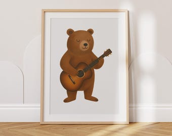 ギターを弾く面白いクマのヴィンテージプリントセット（デジタル