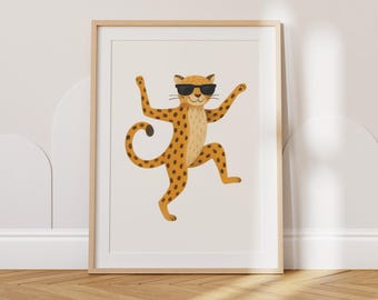 Tanzender Gepard Digitales Poster | Dschungel-Tier-Wand-Kunst mit Sonnenbrille für Kinderzimmer, Spielzimmer, Kleinkind-Dekor