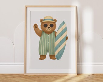 Póster digital de oso surfero, arte playero para guardería, decoración de pared para habitación infantil, arte mural de animales caprichosos, impresión costera para niños pequeños, decoración playera de verano