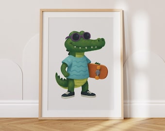Cocodrilo con patineta - Lámina decorativa para pared, decoración infantil genial, descarga digital
