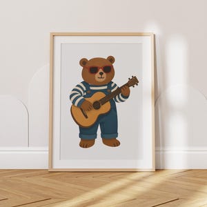 Whimsical Guitar Bear Print, Cool Animal Wall Art for Kids Room, Musical Nursery Decor, Boys Room Poster, Playful Wall Art, Digital Download
