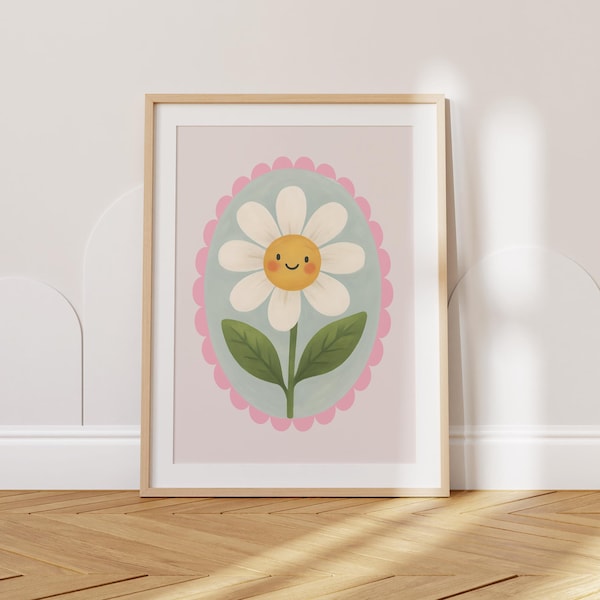Niedliches Gänseblümchen Blumen Kinderzimmer Wand Kunst Druck, wunderliches Blumen Poster für Mädchenzimmer, Baby Zimmer Dekor, digitale Spielzimmer Illustration