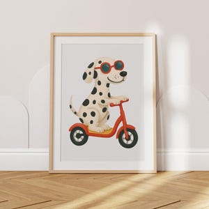 Cool Dalmatian on Scooter Digital Poster – Cute Dog Wall Art for Kids Room, Nursery, Playroom – Whimsical Animal Print Instant Download Gift