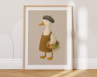 Cute Artist Goose Digital Poster, Whimsical Nursery Wall Art for Kids' Room, Animal Playroom Decor, Printable Animal Art, Baby Room Gift