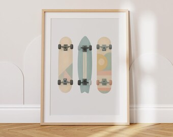 Impresión de arte de pared de patineta, póster minimalista retro de longboard para habitaciones infantiles, decoración de habitaciones para adolescentes, arte moderno de skate, decoración de guarderías y salas de juegos.