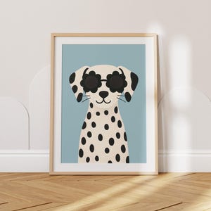 Cool Dalmatian Wall Art, Flower sunglasses Animal Art, Blue Nursery Print, Minimalist Animal Decor for Kids & Toddlers, Dopamine Poster