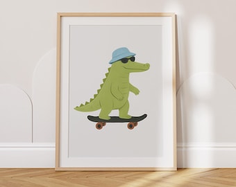 Lámina de cocodrilo en monopatín con gafas de sol, divertida decoración de pared con animales para la habitación infantil, descarga digital.
