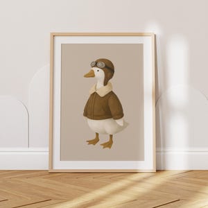 Vintage Aviator Goose Wall Art Print – Cute Pilot Duck Nursery Decor, Whimsical Animal Illustration for Kids Room, Farmhouse Baby Boy Gift