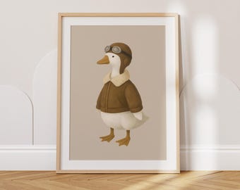 Vintage Aviator Goose Wall Art Print – Cute Pilot Duck Nursery Decor, Whimsical Animal Illustration for Kids Room, Farmhouse Baby Boy Gift
